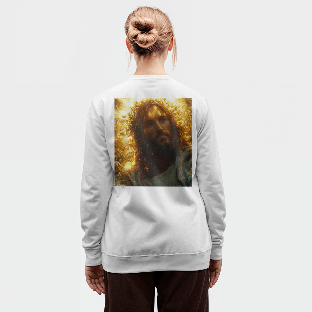 Divine Radiance Crewneck – Ultra-Soft Cotton, Glorious Savior Portrait, Shine with Faith