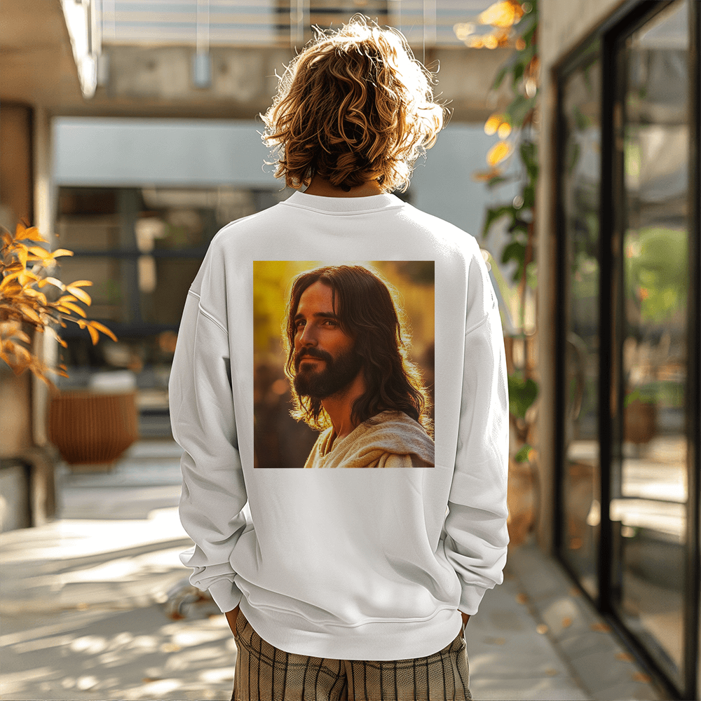 Jesus Serenity Crewneck – Premium Cotton, Gentle Savior Portrait, Embrace Peace and Faith