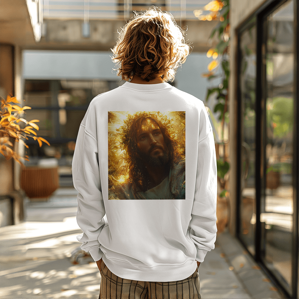 Divine Radiance Crewneck – Ultra-Soft Cotton, Glorious Savior Portrait, Shine with Faith