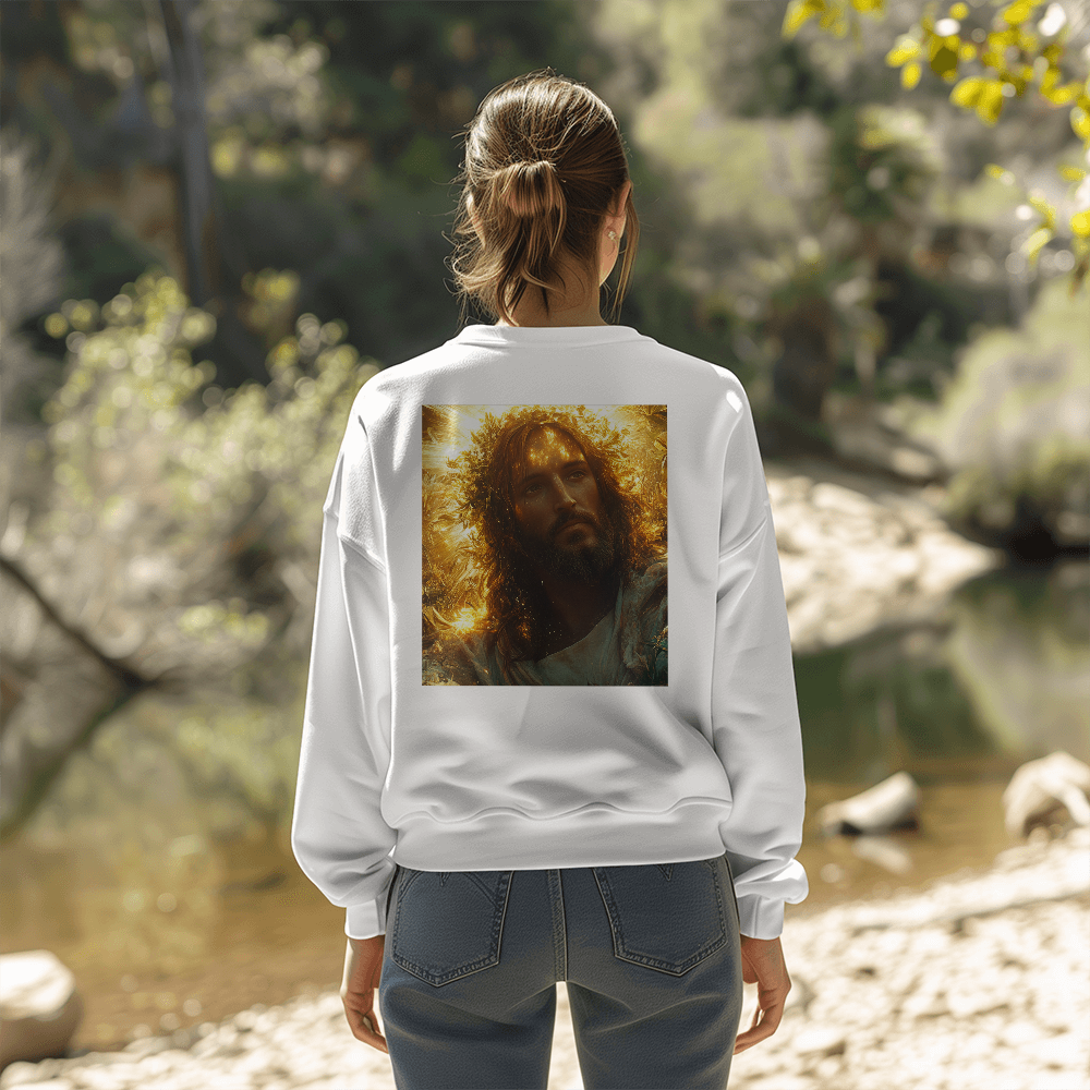 Divine Radiance Crewneck – Ultra-Soft Cotton, Glorious Savior Portrait, Shine with Faith