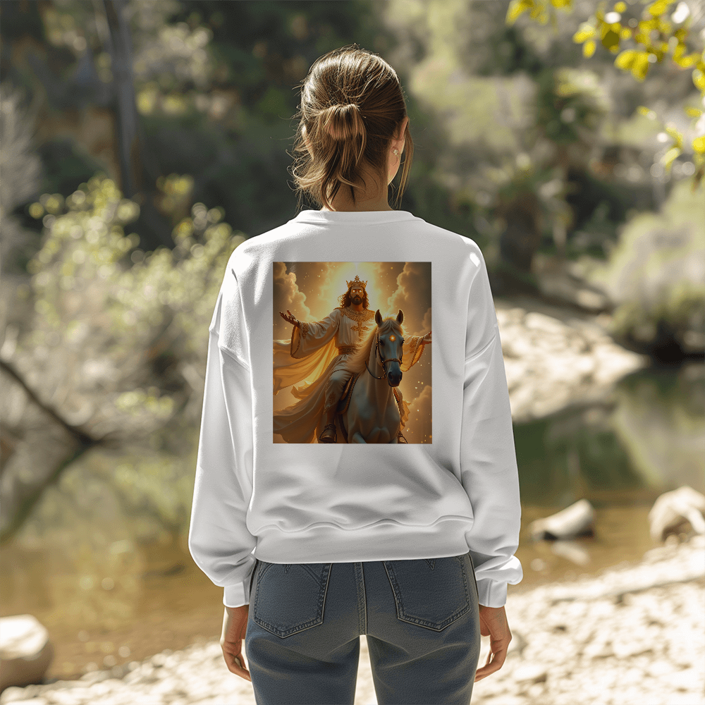 King of Glory Crewneck – Soft Cotton Comfort, Majestic Savior Art, A Testament to Faith