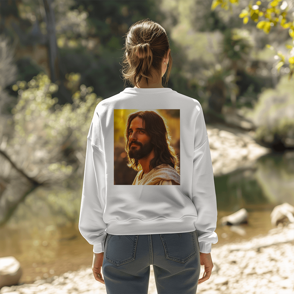 Jesus Serenity Crewneck – Premium Cotton, Gentle Savior Portrait, Embrace Peace and Faith