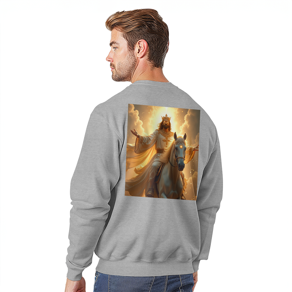 King of Glory Crewneck – Soft Cotton Comfort, Majestic Savior Art, A Testament to Faith