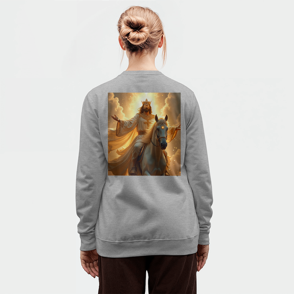 King of Glory Crewneck – Soft Cotton Comfort, Majestic Savior Art, A Testament to Faith