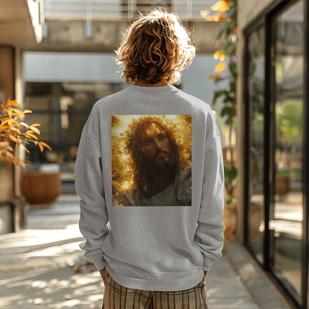 Divine Radiance Crewneck – Ultra-Soft Cotton, Glorious Savior Portrait, Shine with Faith