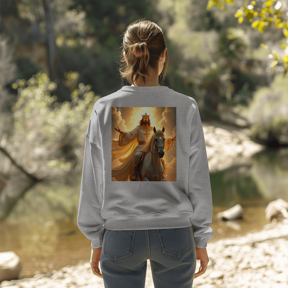 King of Glory Crewneck – Soft Cotton Comfort, Majestic Savior Art, A Testament to Faith