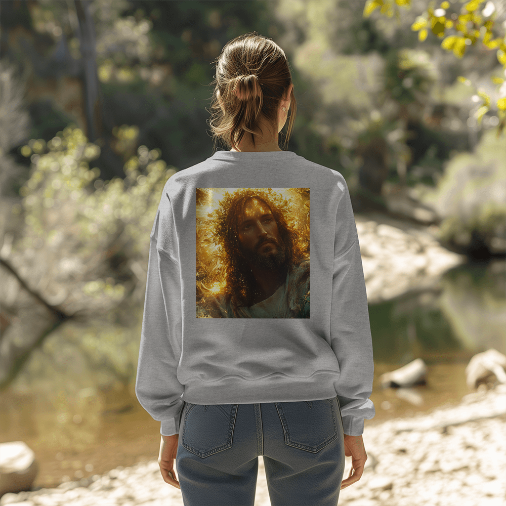 Divine Radiance Crewneck – Ultra-Soft Cotton, Glorious Savior Portrait, Shine with Faith