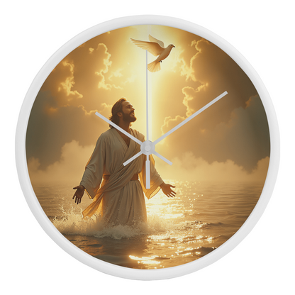 Heavenly Baptism Wall Clock – Wooden Frame, Radiant Savior Design, Embrace Time with Faith