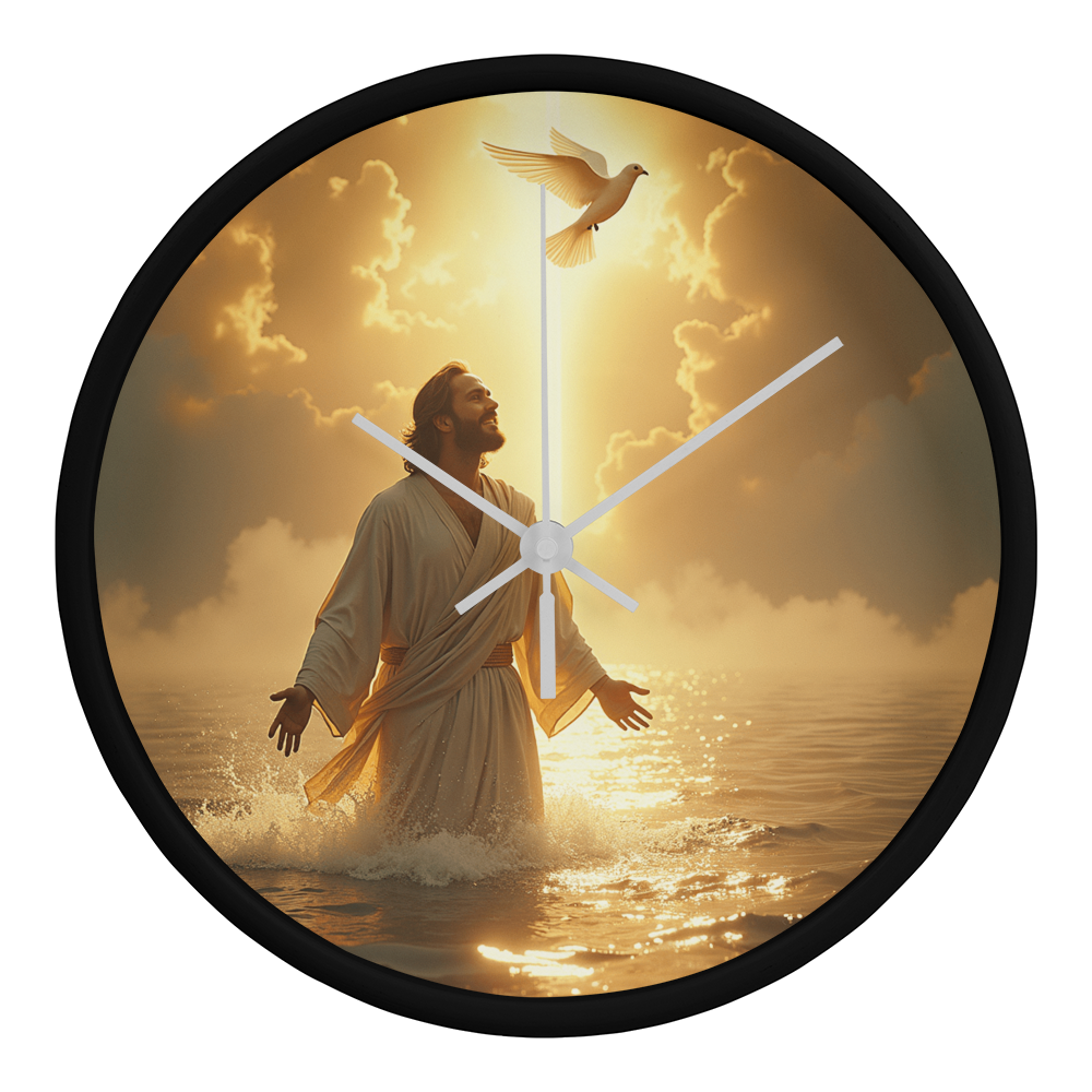 Heavenly Baptism Wall Clock – Wooden Frame, Radiant Savior Design, Embrace Time with Faith