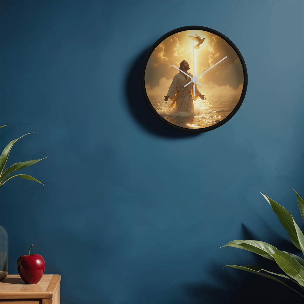 Heavenly Baptism Wall Clock – Wooden Frame, Radiant Savior Design, Embrace Time with Faith