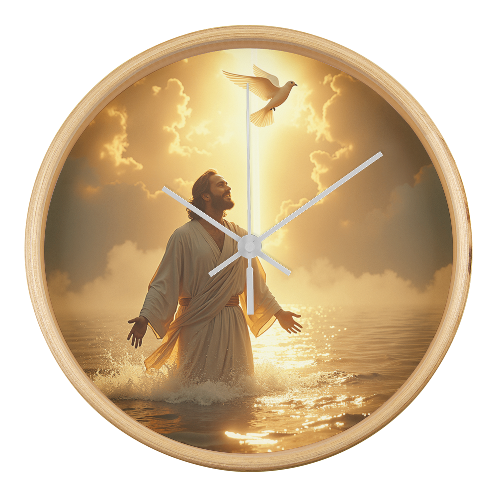 Heavenly Baptism Wall Clock – Wooden Frame, Radiant Savior Design, Embrace Time with Faith