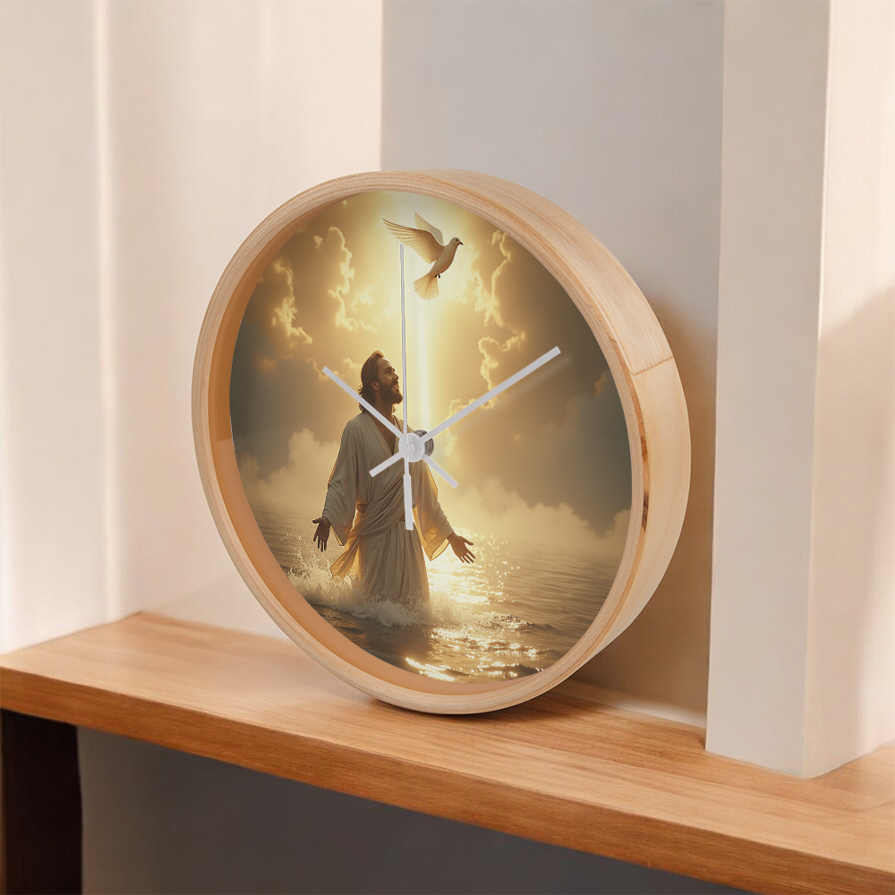 Heavenly Baptism Wall Clock – Wooden Frame, Radiant Savior Design, Embrace Time with Faith