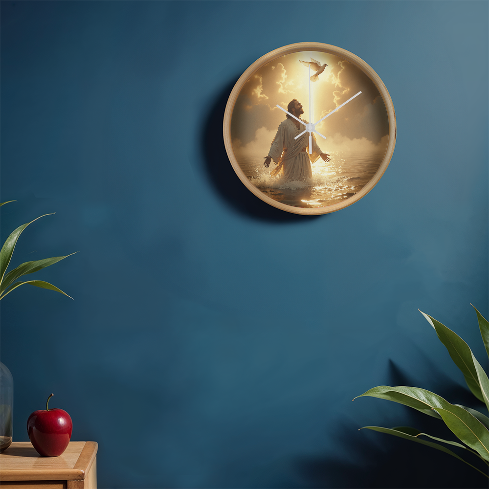 Heavenly Baptism Wall Clock – Wooden Frame, Radiant Savior Design, Embrace Time with Faith