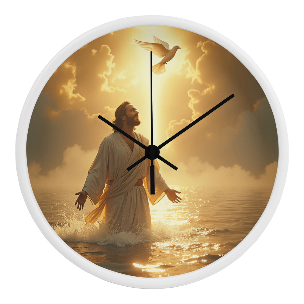 Heavenly Baptism Wall Clock – Wooden Frame, Radiant Savior Design, Embrace Time with Faith