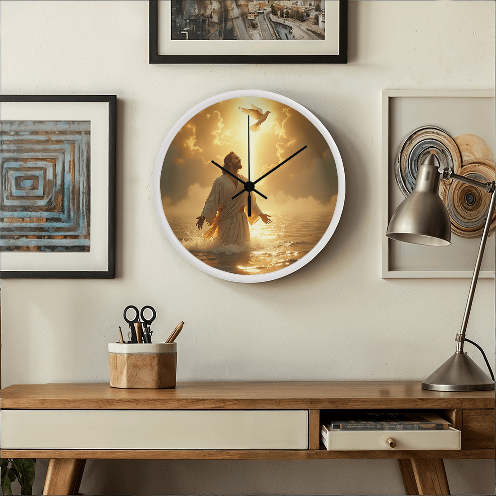 Heavenly Baptism Wall Clock – Wooden Frame, Radiant Savior Design, Embrace Time with Faith