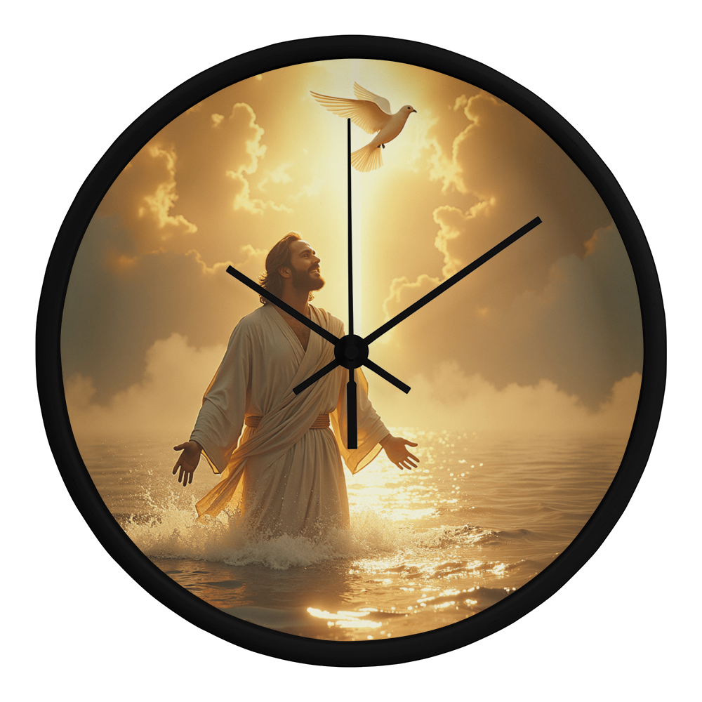 Heavenly Baptism Wall Clock – Wooden Frame, Radiant Savior Design, Embrace Time with Faith