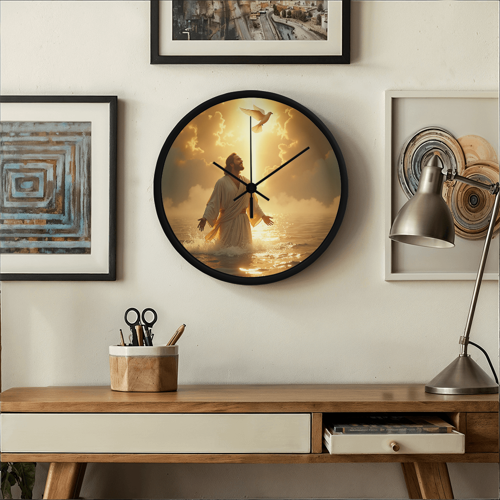 Heavenly Baptism Wall Clock – Wooden Frame, Radiant Savior Design, Embrace Time with Faith