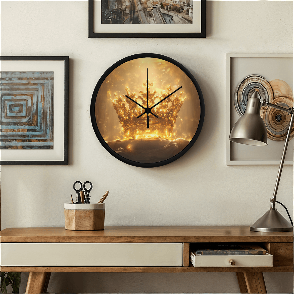 Crown of Glory Wall Clock – Black Frame, Radiant Divine Crown, Honor Time with Majesty