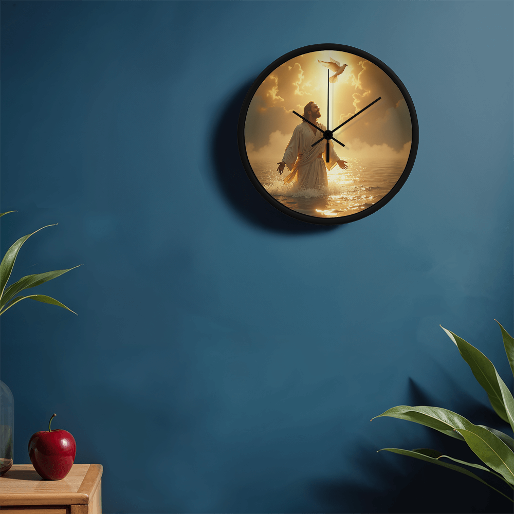 Heavenly Baptism Wall Clock – Wooden Frame, Radiant Savior Design, Embrace Time with Faith