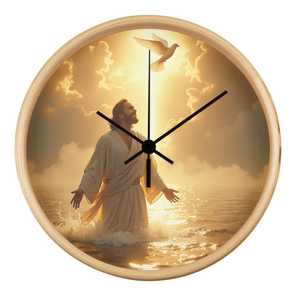 Heavenly Baptism Wall Clock – Wooden Frame, Radiant Savior Design, Embrace Time with Faith