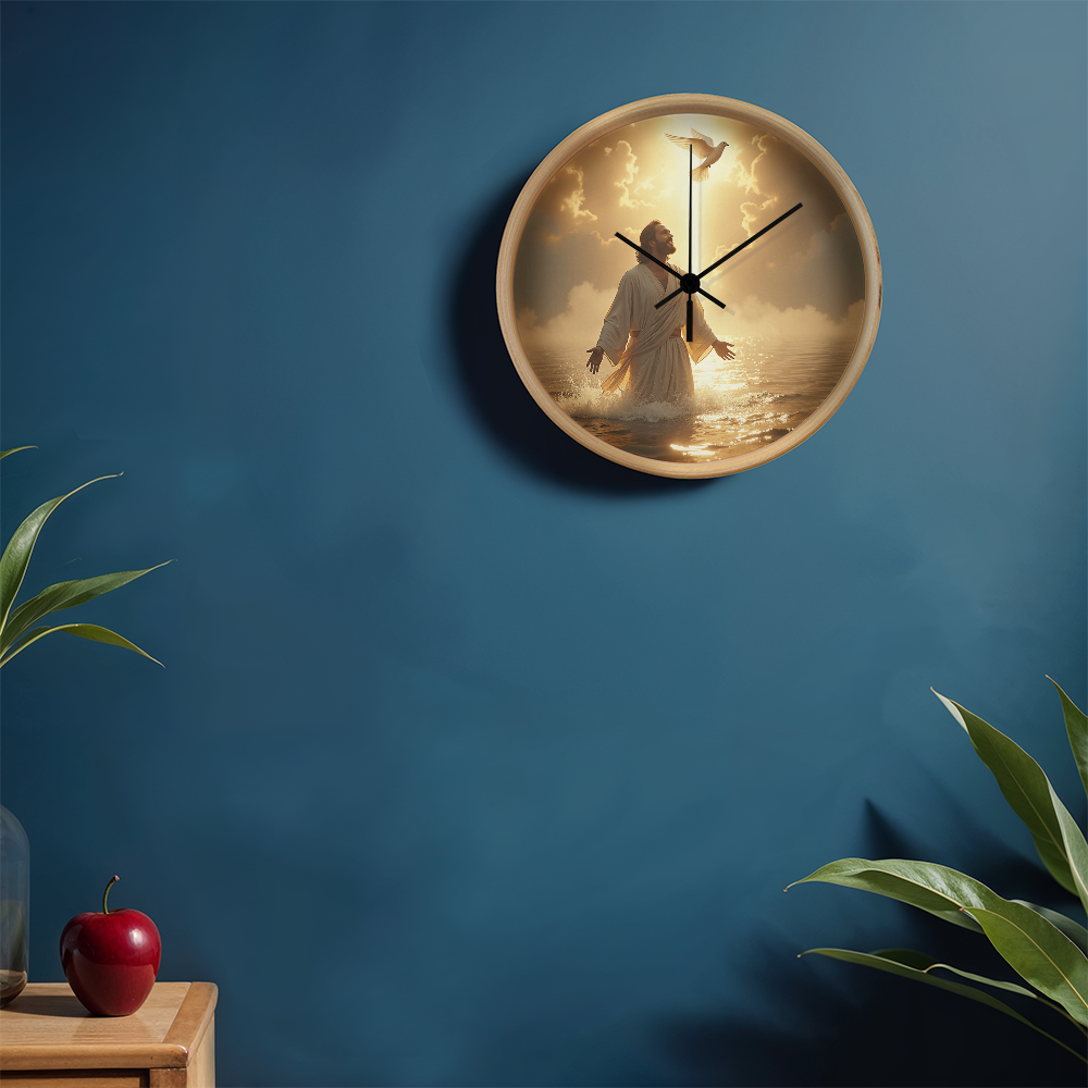 Heavenly Baptism Wall Clock – Wooden Frame, Radiant Savior Design, Embrace Time with Faith