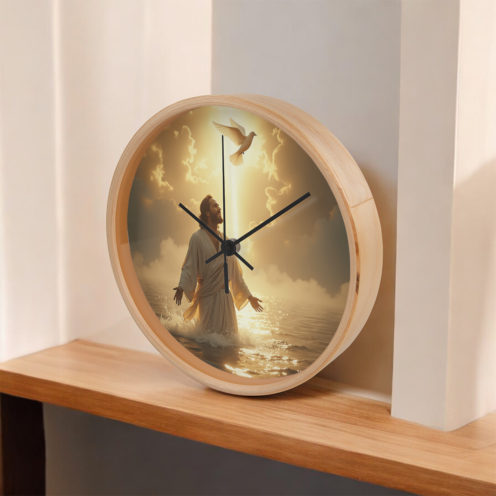 Heavenly Baptism Wall Clock – Wooden Frame, Radiant Savior Design, Embrace Time with Faith