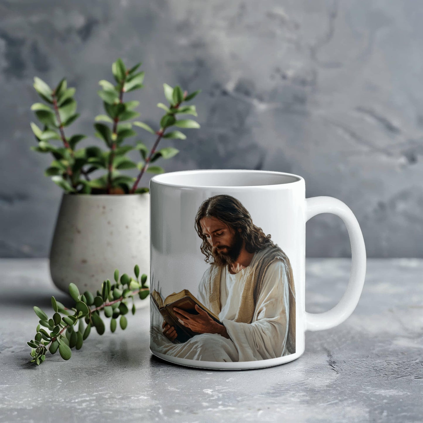 Sacred Reading Mug – White Ceramic with a Serene and Contemplative Image of Jesus