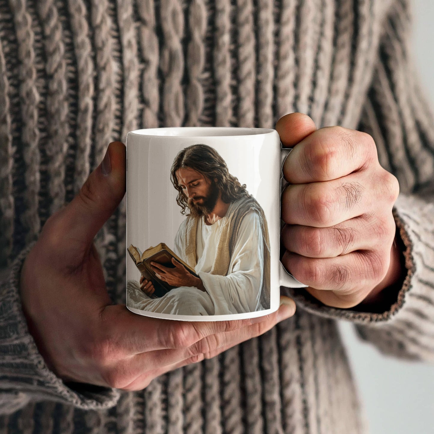 Sacred Reading Mug – White Ceramic with a Serene and Contemplative Image of Jesus