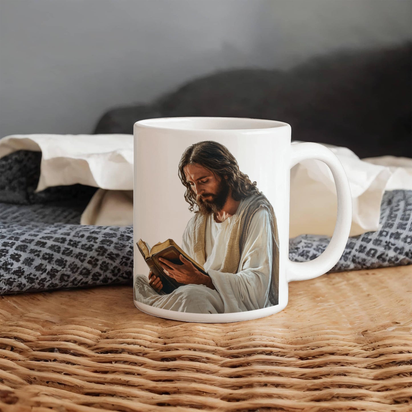 Sacred Reading Mug – White Ceramic with a Serene and Contemplative Image of Jesus