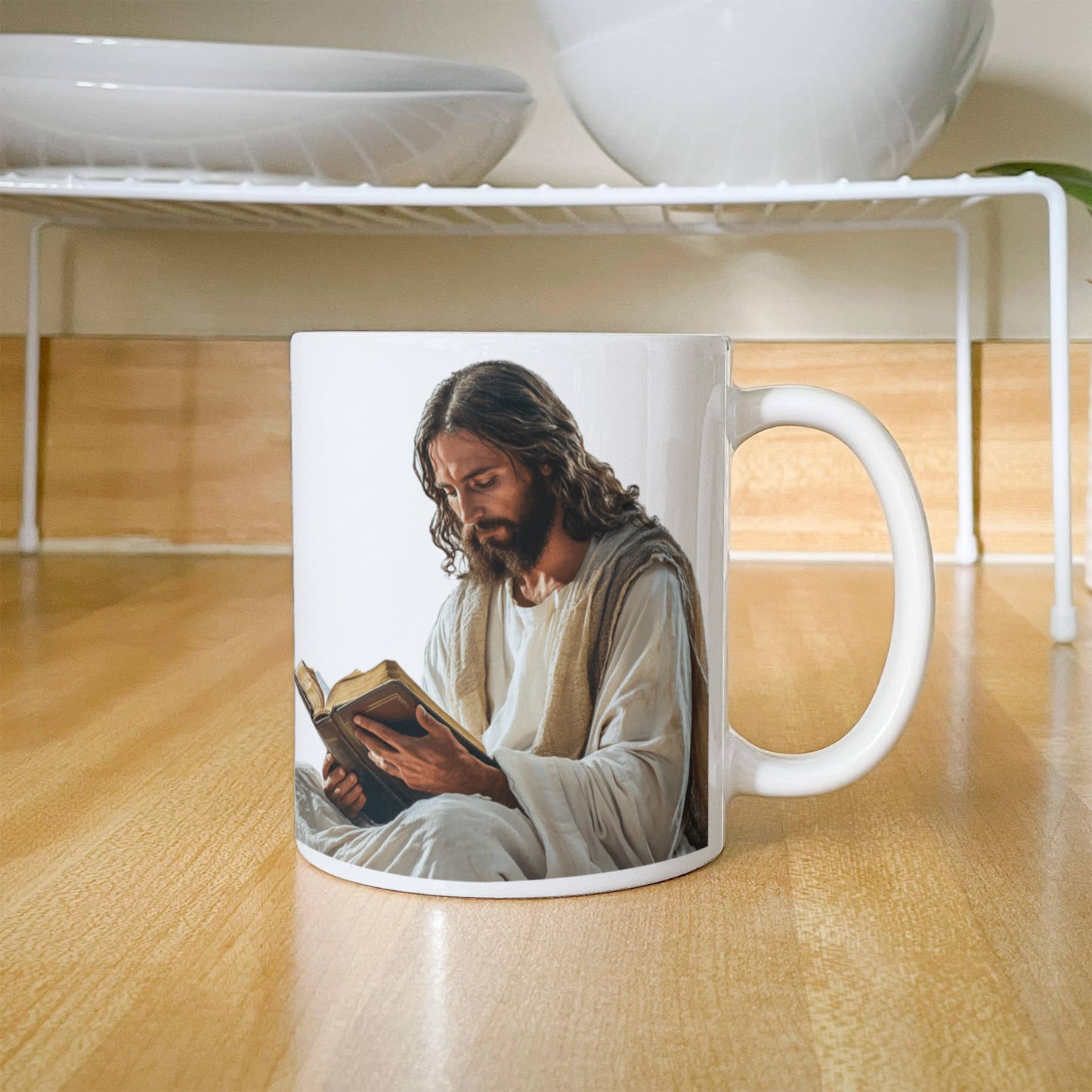 Sacred Reading Mug – White Ceramic with a Serene and Contemplative Image of Jesus