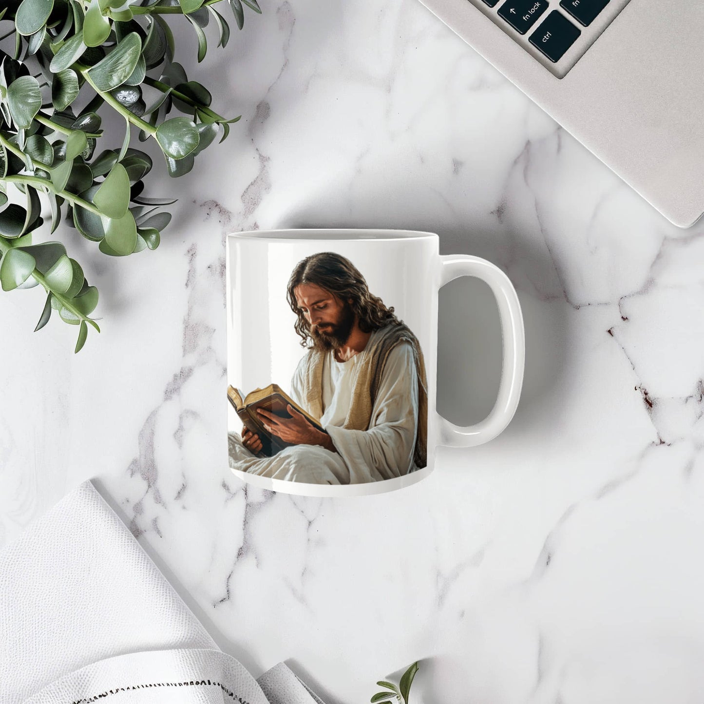 Sacred Reading Mug – White Ceramic with a Serene and Contemplative Image of Jesus