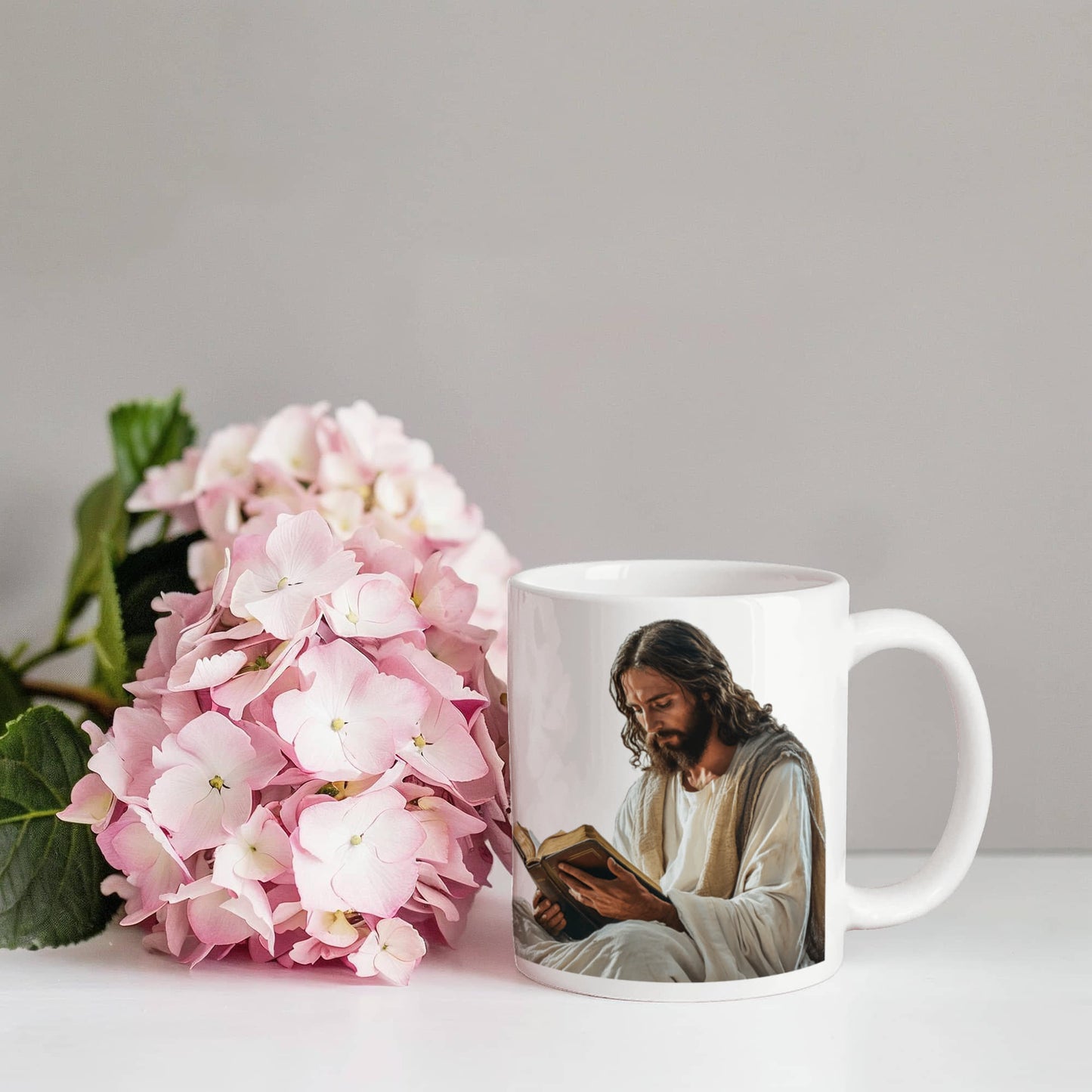 Sacred Reading Mug – White Ceramic with a Serene and Contemplative Image of Jesus