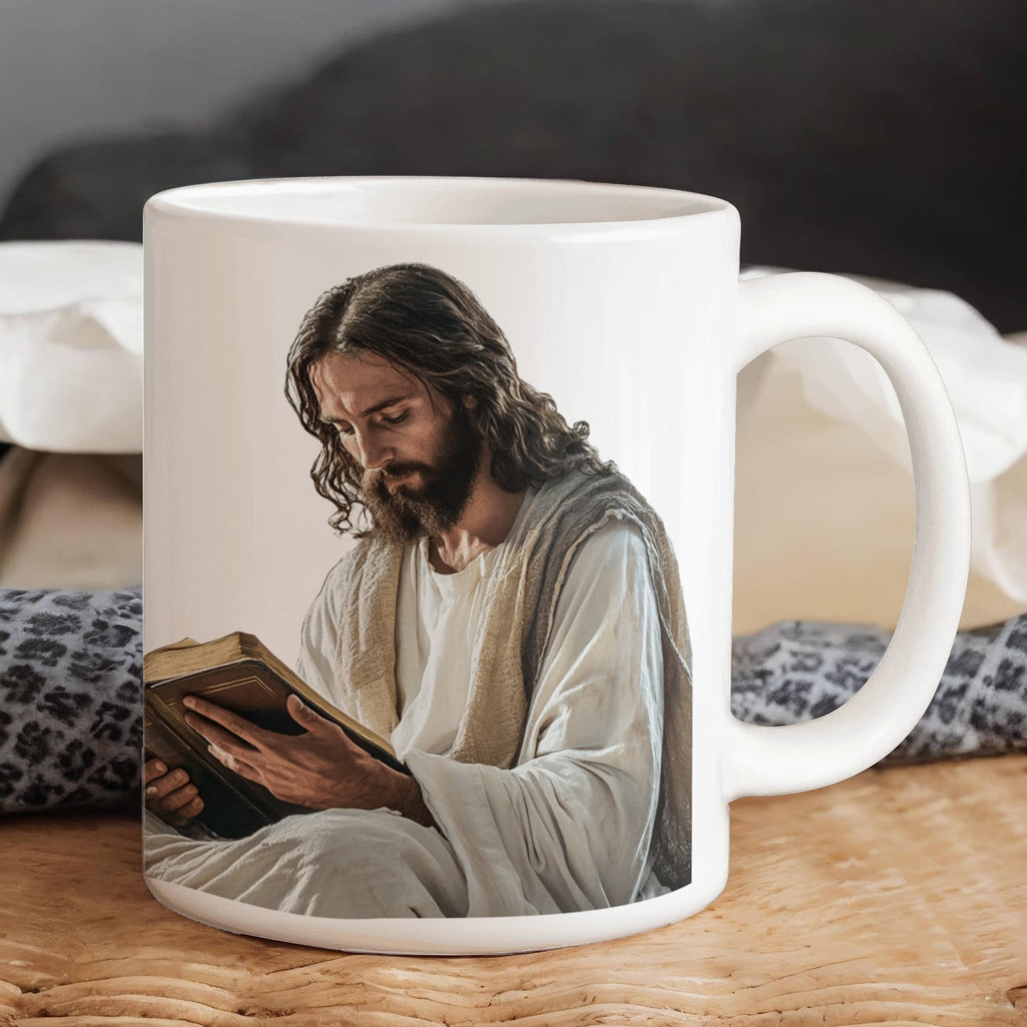 Sacred Reading Mug – White Ceramic with a Serene and Contemplative Image of Jesus