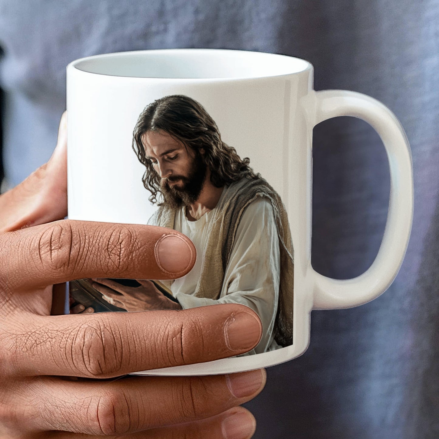 Sacred Reading Mug – White Ceramic with a Serene and Contemplative Image of Jesus