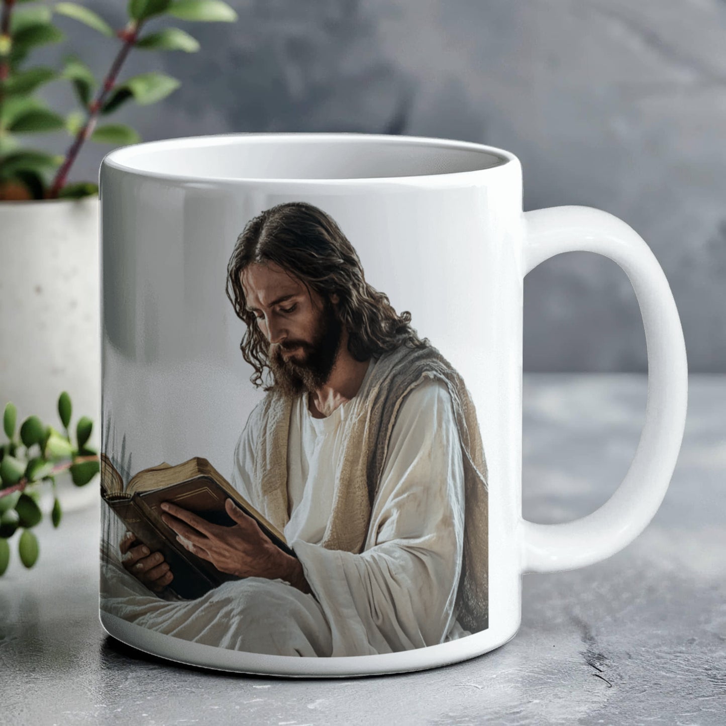 Sacred Reading Mug – White Ceramic with a Serene and Contemplative Image of Jesus