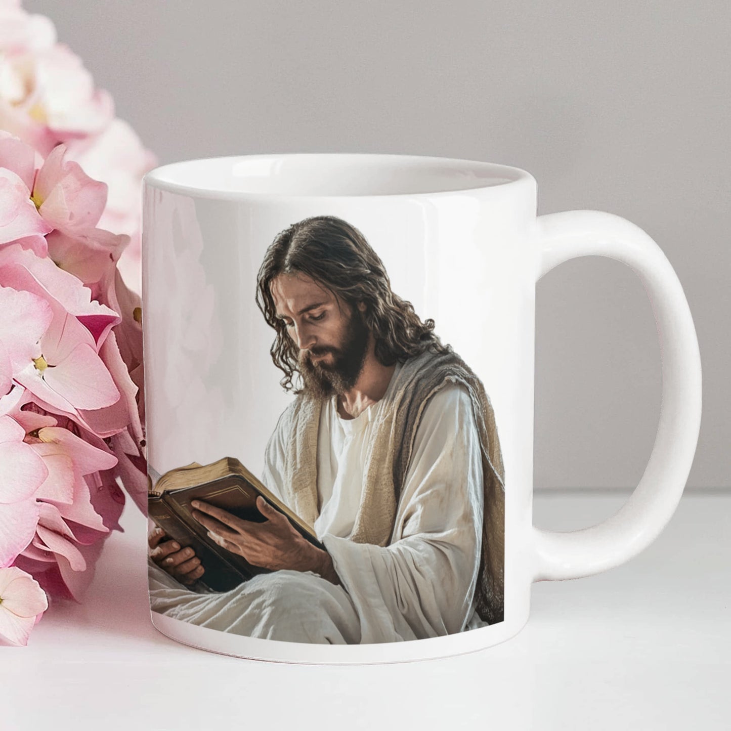 Sacred Reading Mug – White Ceramic with a Serene and Contemplative Image of Jesus