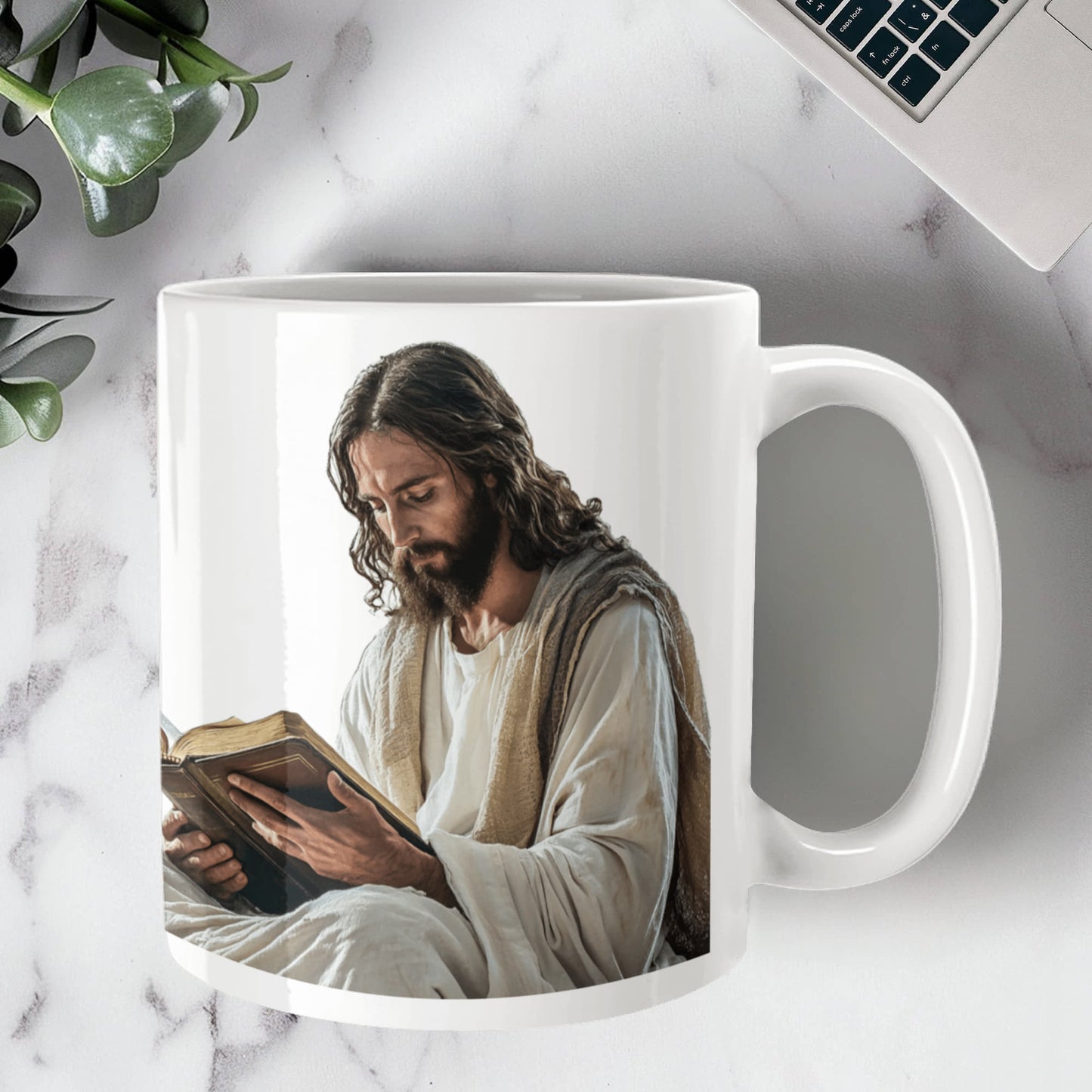 Sacred Reading Mug – White Ceramic with a Serene and Contemplative Image of Jesus