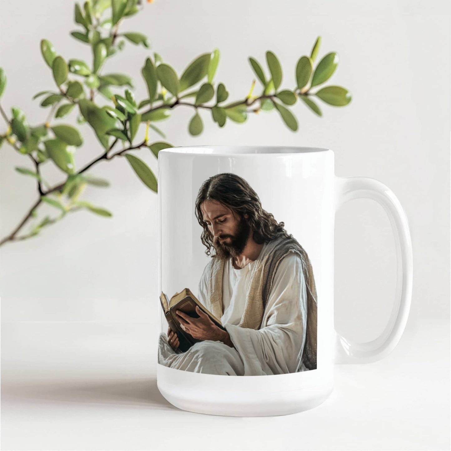 Sacred Reading Mug – White Ceramic with a Serene and Contemplative Image of Jesus