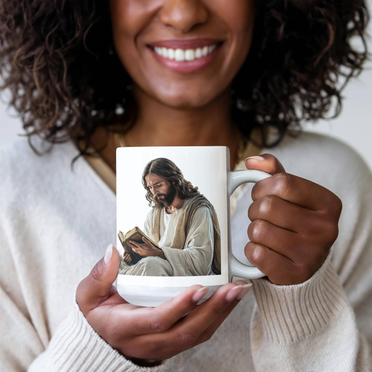 Sacred Reading Mug – White Ceramic with a Serene and Contemplative Image of Jesus