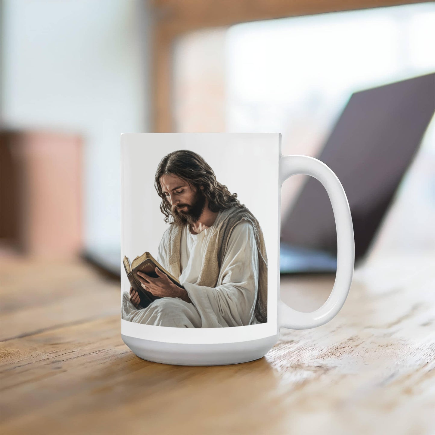 Sacred Reading Mug – White Ceramic with a Serene and Contemplative Image of Jesus