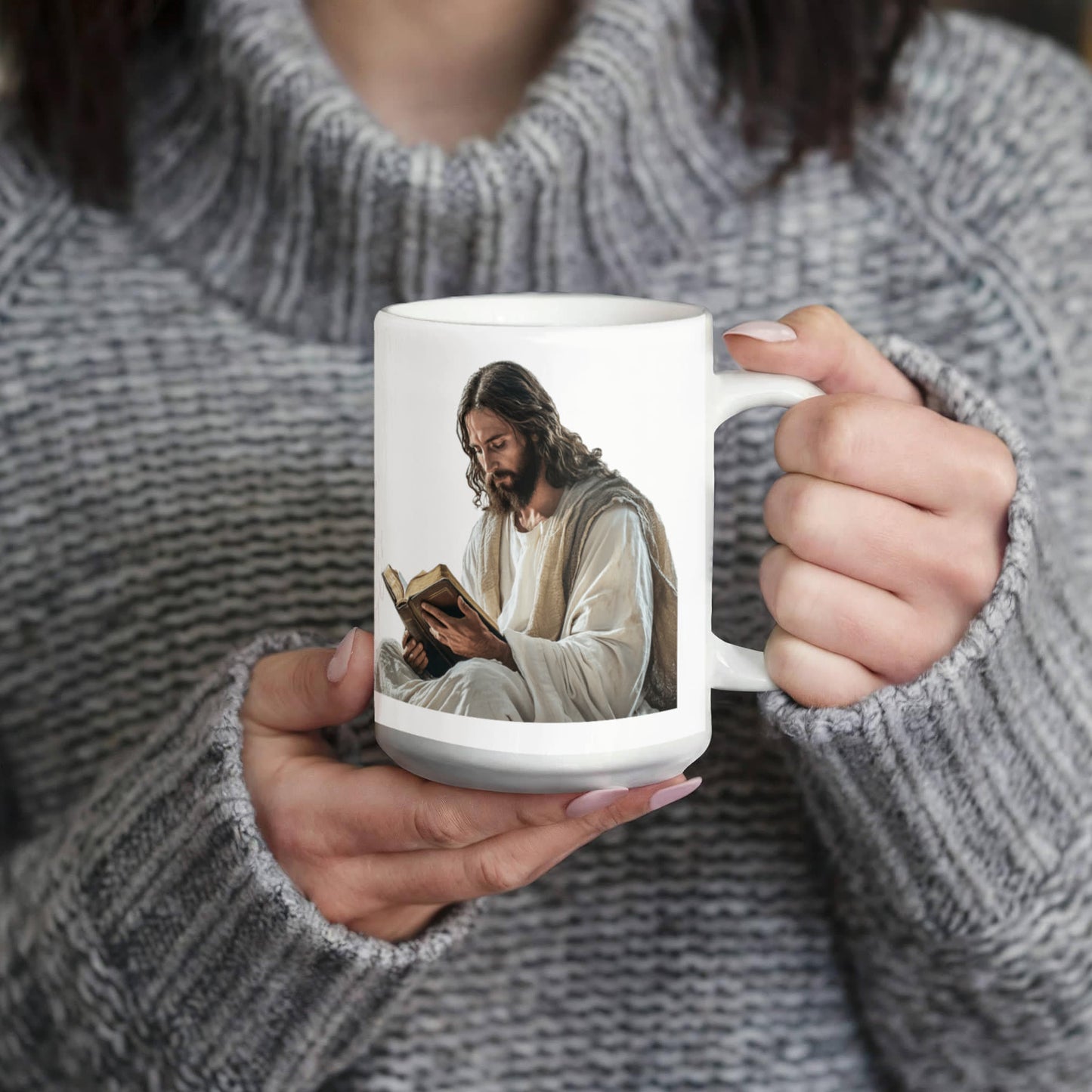 Sacred Reading Mug – White Ceramic with a Serene and Contemplative Image of Jesus