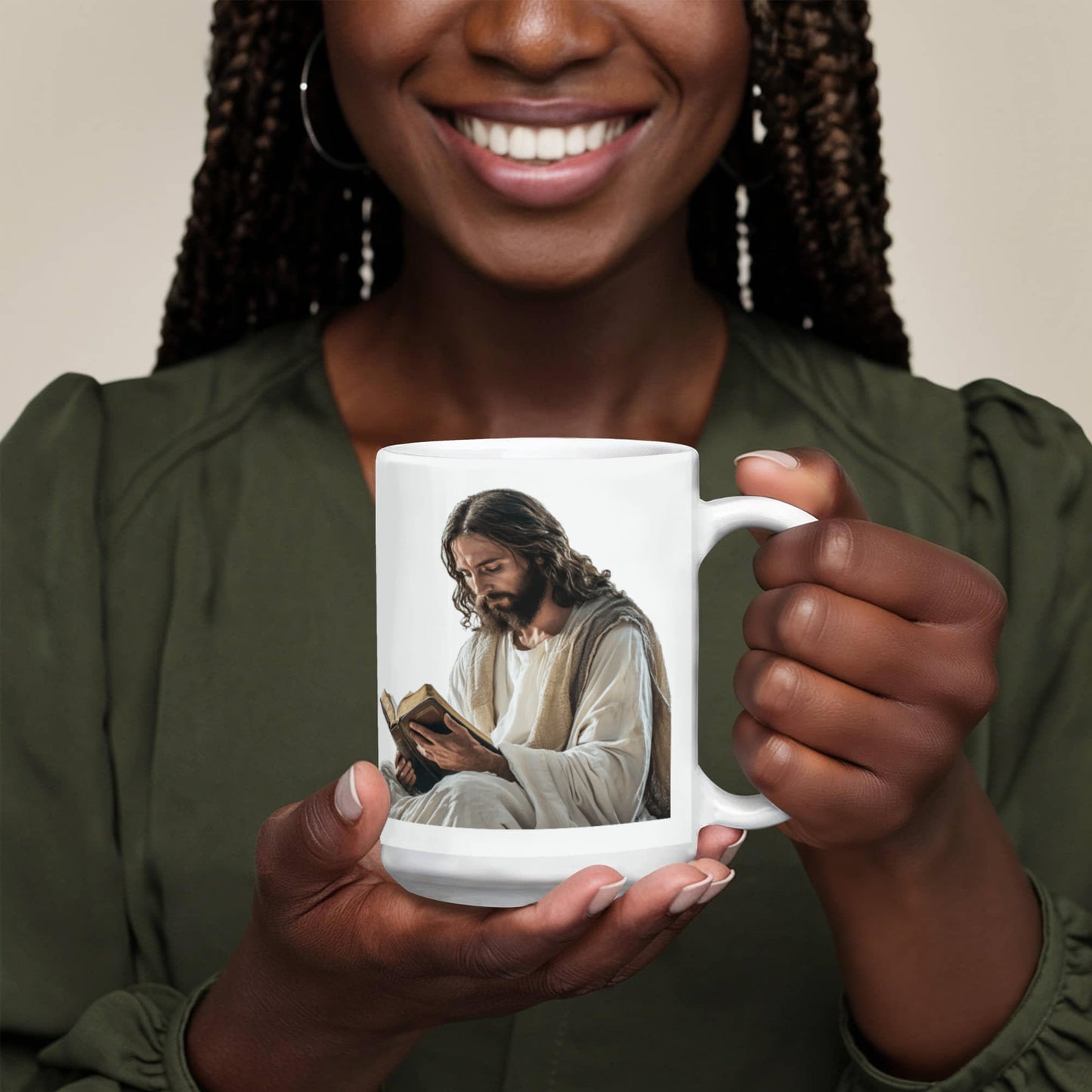 Sacred Reading Mug – White Ceramic with a Serene and Contemplative Image of Jesus