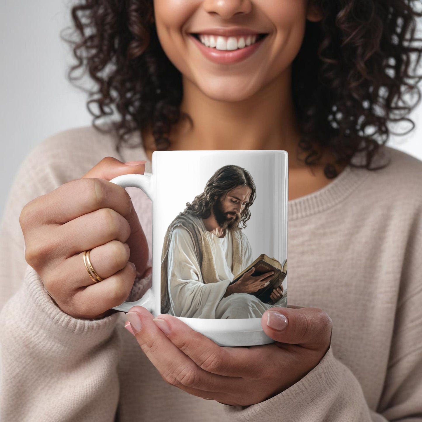 Sacred Reading Mug – White Ceramic with a Serene and Contemplative Image of Jesus