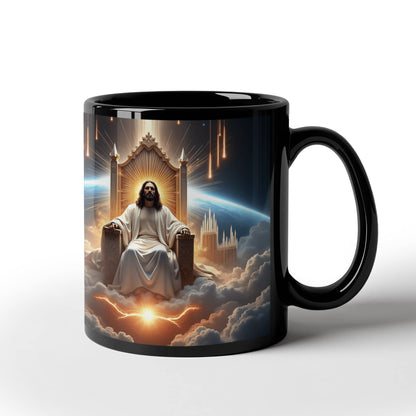 King of Kings Mug – Black Ceramic, Featuring Jesus on His Throne Surrounded by Glory