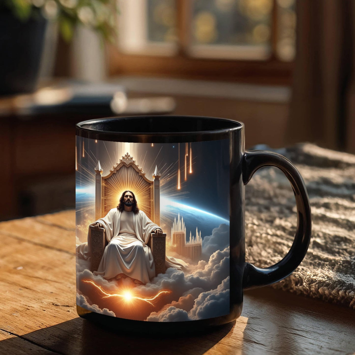 King of Kings Mug – Black Ceramic, Featuring Jesus on His Throne Surrounded by Glory