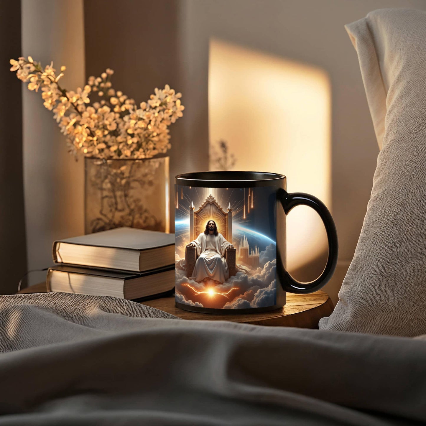 King of Kings Mug – Black Ceramic, Featuring Jesus on His Throne Surrounded by Glory