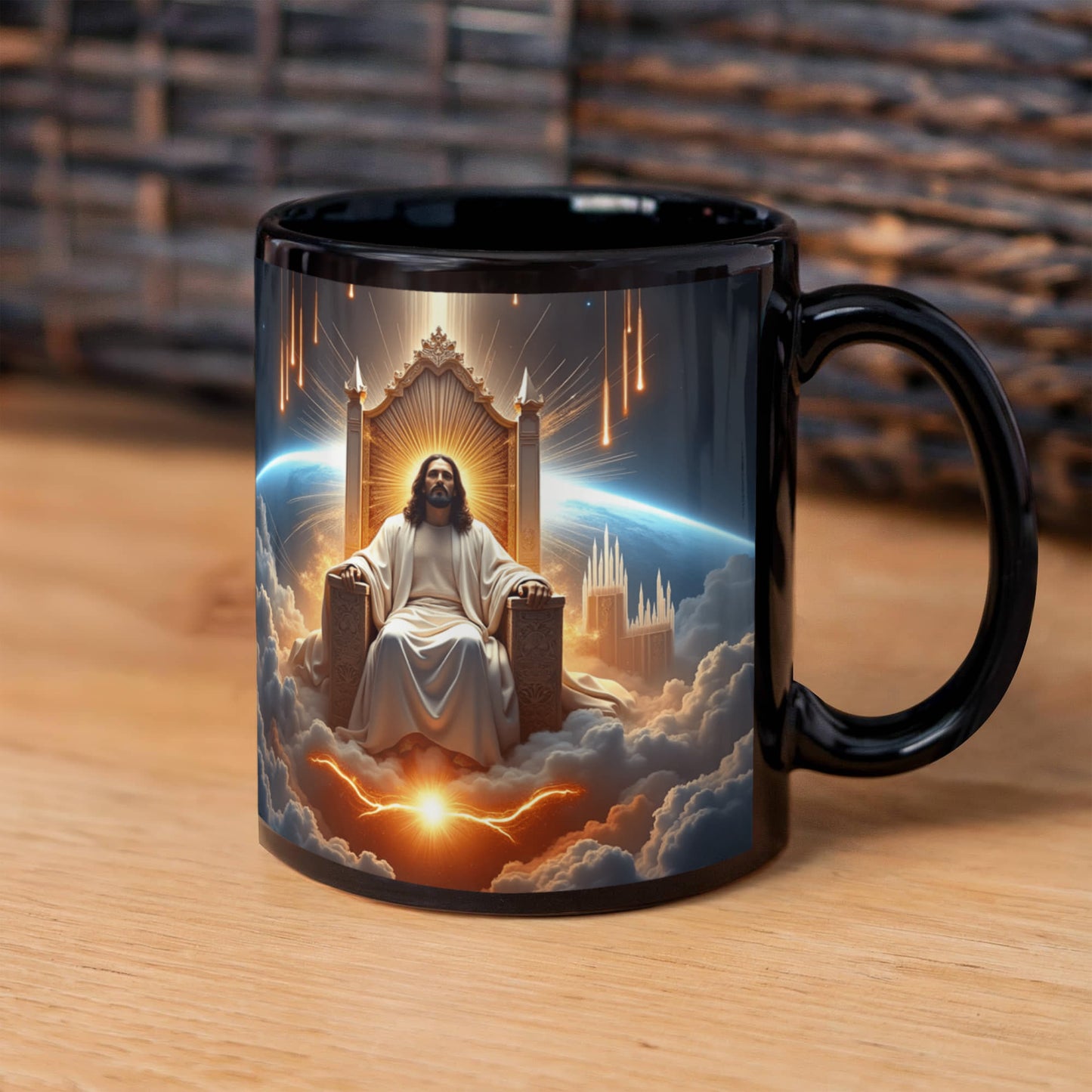 King of Kings Mug – Black Ceramic, Featuring Jesus on His Throne Surrounded by Glory