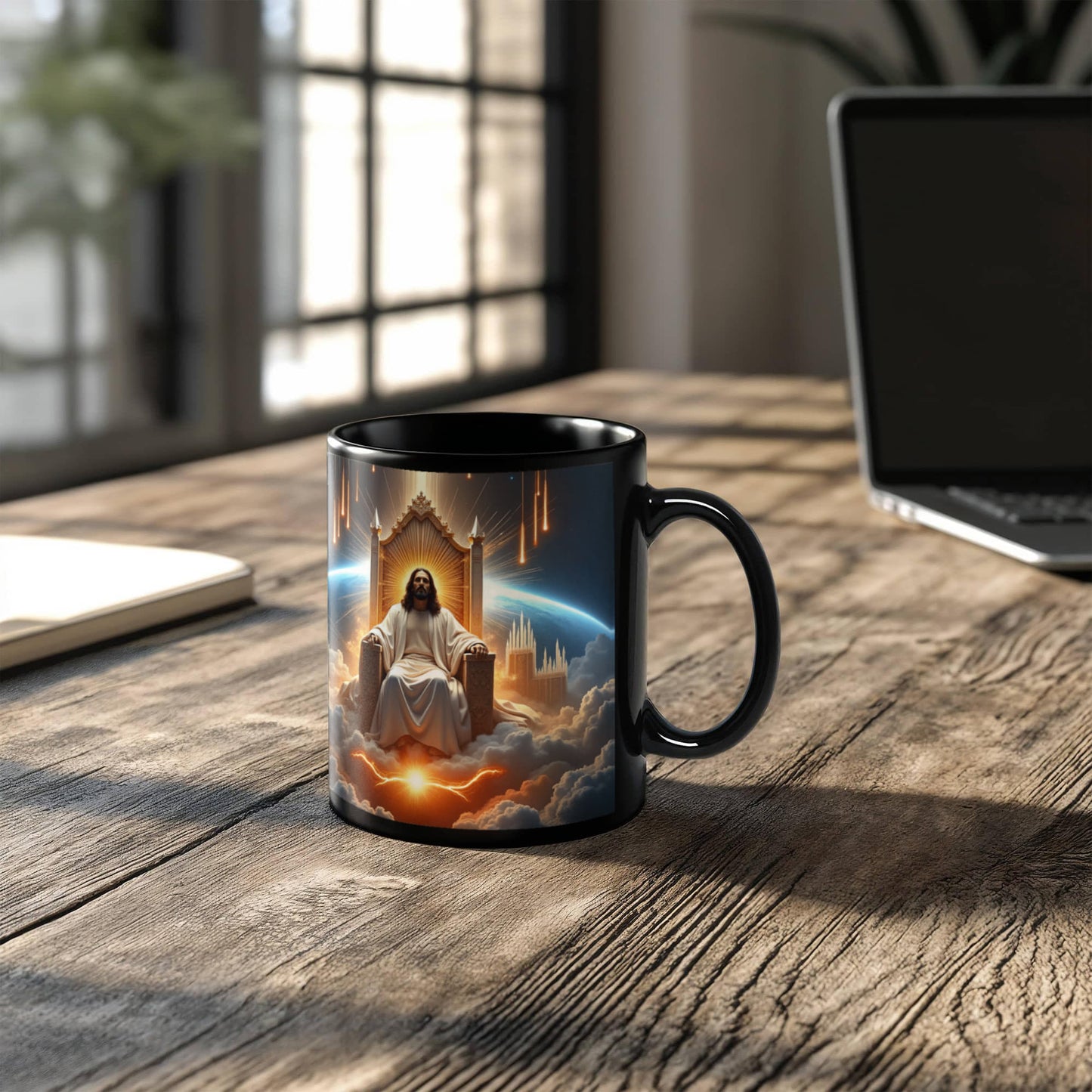 King of Kings Mug – Black Ceramic, Featuring Jesus on His Throne Surrounded by Glory