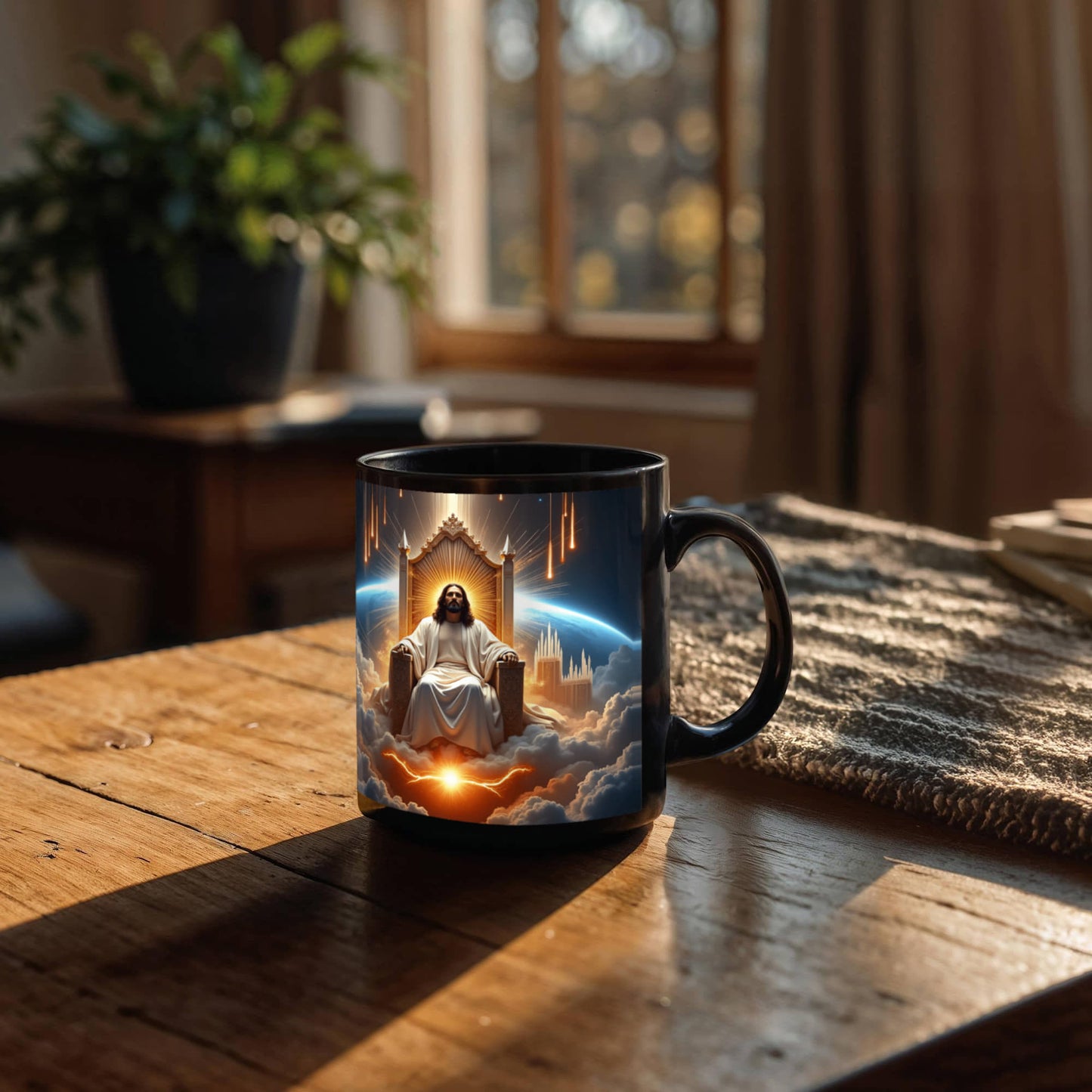 King of Kings Mug – Black Ceramic, Featuring Jesus on His Throne Surrounded by Glory