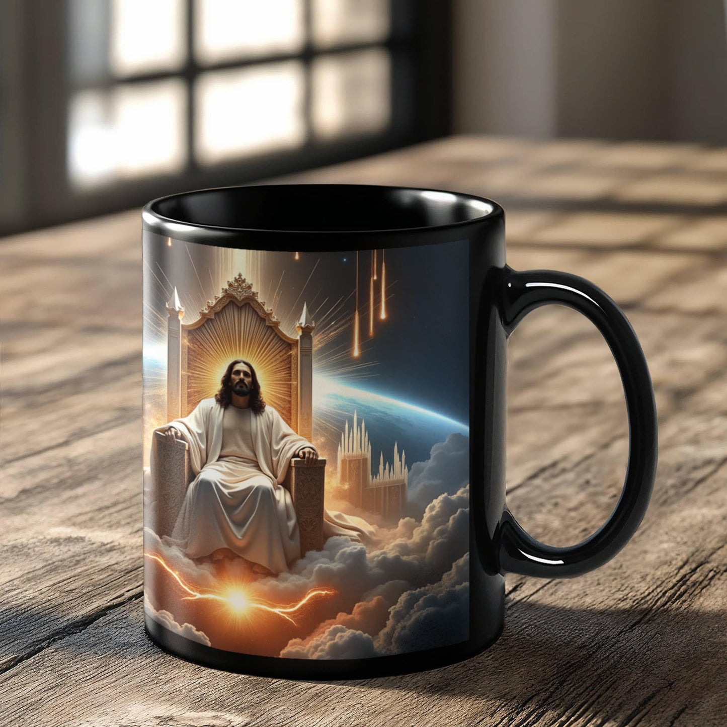 King of Kings Mug – Black Ceramic, Featuring Jesus on His Throne Surrounded by Glory